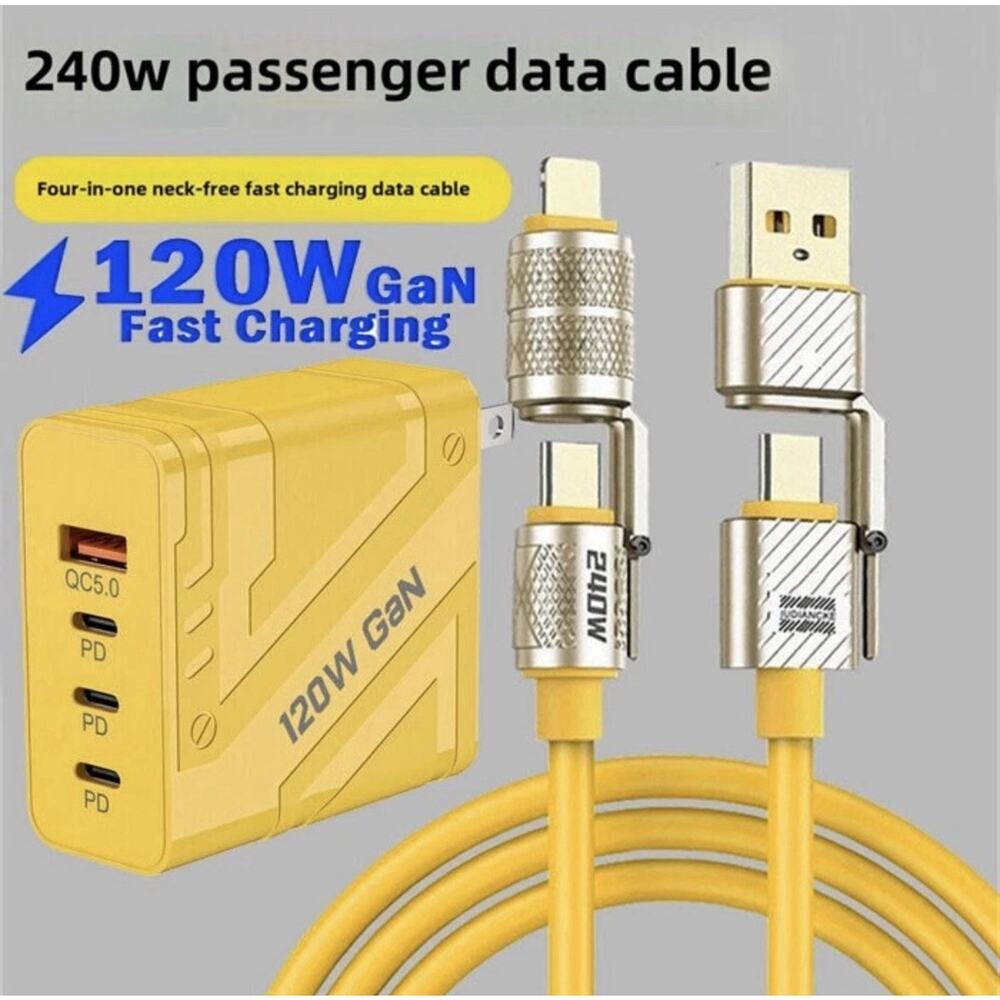 120W GaN 4-Port Wall Charger + 4-in-1 Fast Charge Cable, USB-C PD & USB-A QC